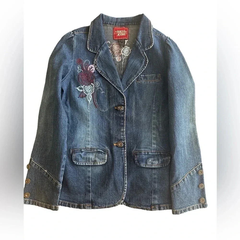 Guess Girls Y2K Embroidered Denim Jacket Blazer Style Size Medium 10-12